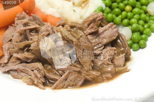 Image of pot roast dinner mashed potatoes carrots green peas