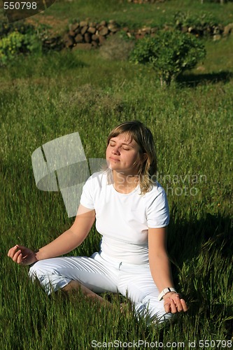 Image of young blond woman doing yoga on the grass