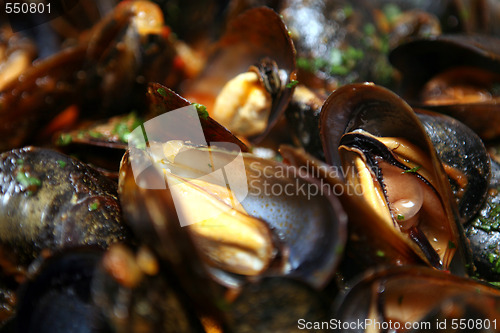 Image of Mussels Bowl with Spice Sauce, soft focus