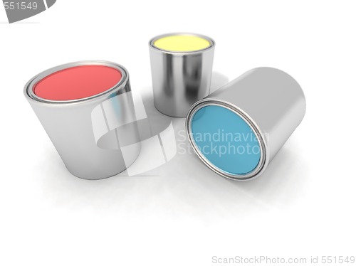 Image of red, blue and yellow paint cans