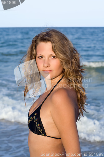 Image of Portrait of the beautiful girl against the sea