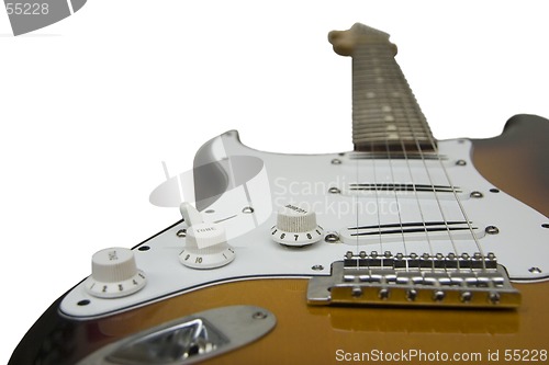 Image of Blade humbucker electric guitar, focused on bridge pickup and volume knob