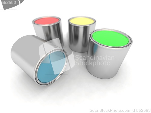 Image of blue, red, yellow and green paint cans