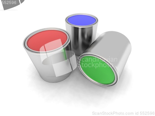 Image of red, blue and green paint cans