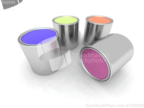 Image of blue, yellow, orange and purple paint cans