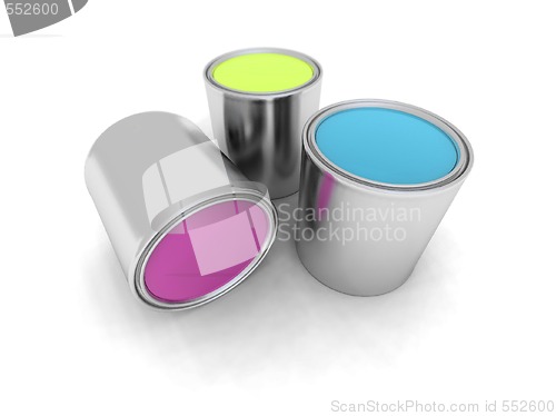 Image of purple, yellow and blue paint cans