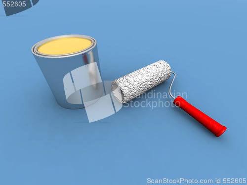 Image of paint roller and yellow paint can