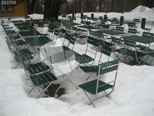 Image of Empty outdoor cafe at wintertime