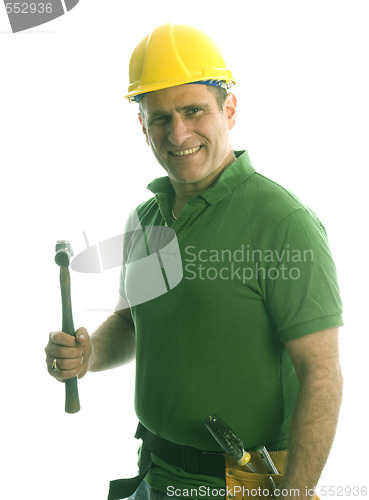 Image of contractor repairman with tool belt and hammer