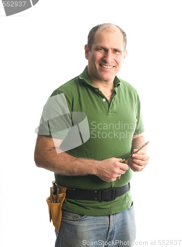 Image of contractor repairman with tool belt and hammer