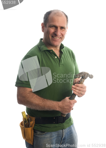 Image of contractor repairman with tool belt and hammer