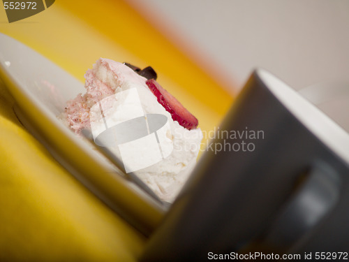 Image of Cup of coffee and cake - candid