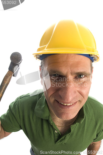 Image of contractor repairman with tool belt and hammer