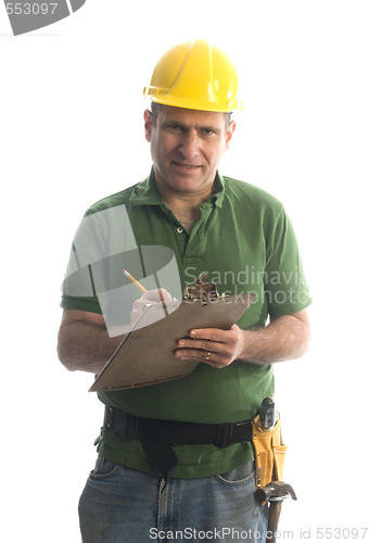 Image of contractor repairman with tool belt and hammer