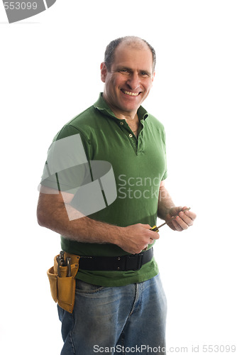 Image of contractor repairman with tool belt and hammer