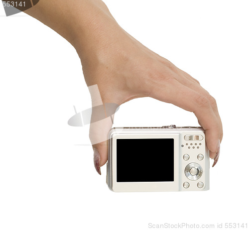 Image of camera in a hand on white