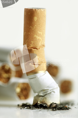 Image of Close up of cigarette on white