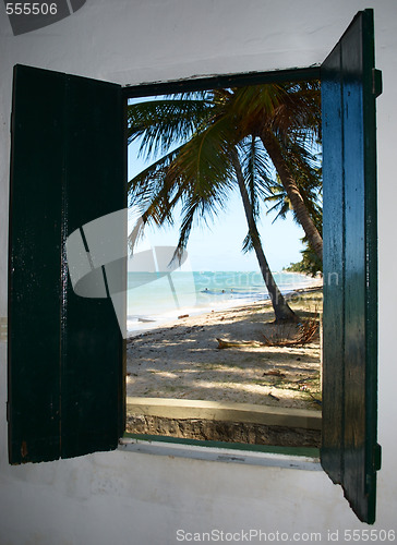 Image of Tropical beach in Brazil seen through a window church