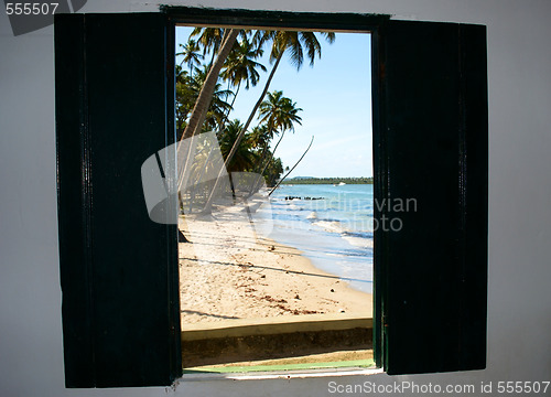 Image of Tropical beach in Brazil seen through a window church
