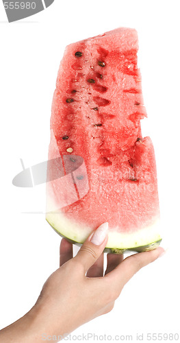 Image of slice of an watermelon in a hand 