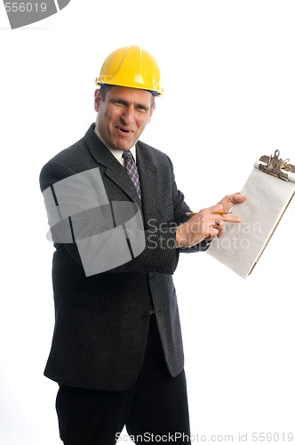 Image of excited contractor with clipboard