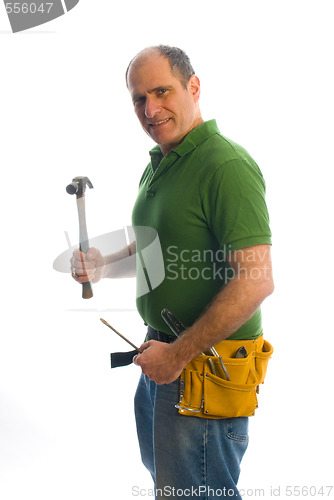 Image of contractor repairman with tool belt and hammer