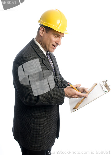 Image of excited contractor with clipboard