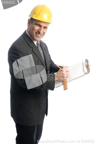 Image of excited contractor with clipboard