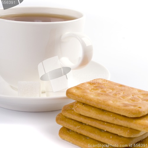 Image of cup of tea, sugar and cookies