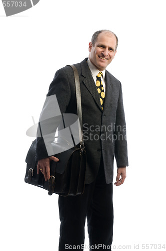 Image of happy smiling business executive with leather attache travel bag