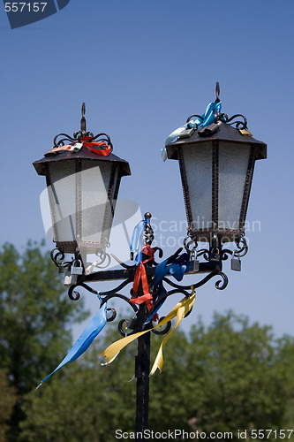 Image of Locks and ribbons of a newly-married couple