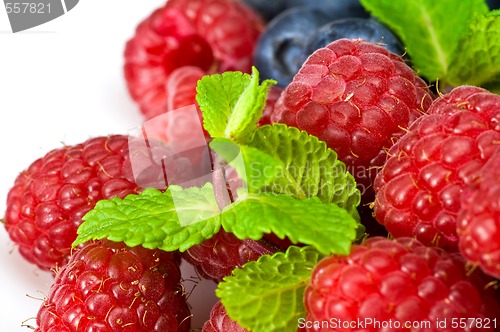 Image of Blueberry and rasperry with mint leaves