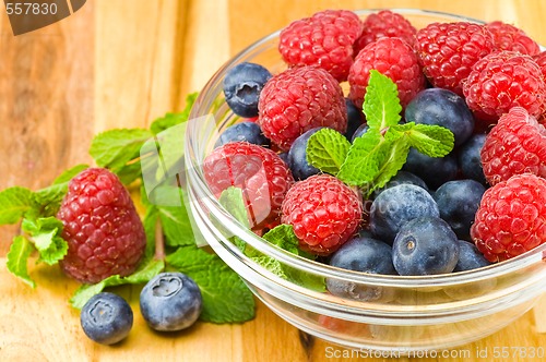 Image of Blueberry, ruspberry and mint leaves