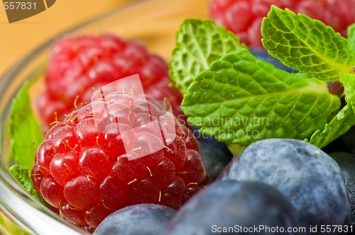 Image of Blueberry, ruspberry and mint leaves