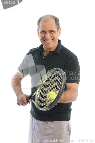 Image of happy middle age man playing tennis