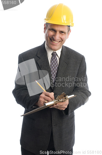 Image of happy man writing contract estimate