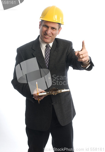 Image of happy man writing contract estimate