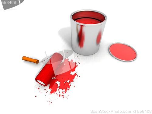 Image of paint roller, red paint can and splashing