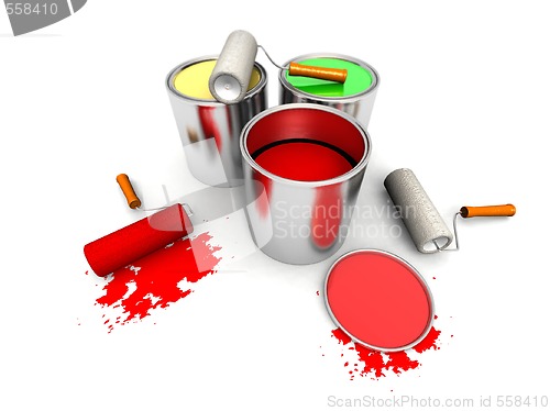 Image of roll painters, color cans and splashing