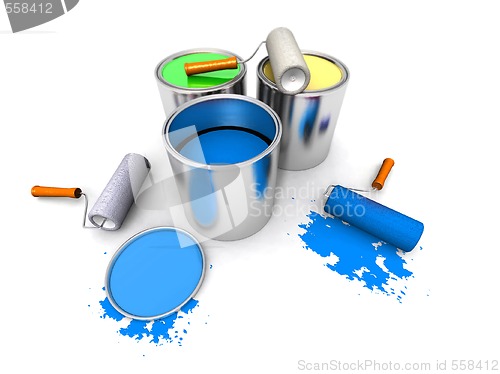 Image of roll painters, color cans and splashing
