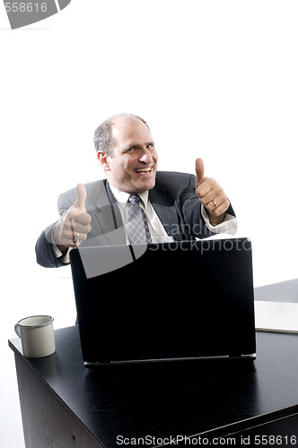 Image of excited happy senior management at desk success