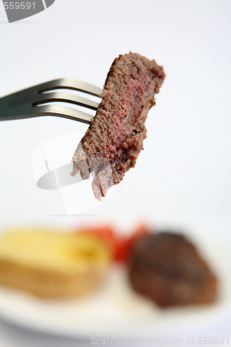 Image of Piece of steak on a fork