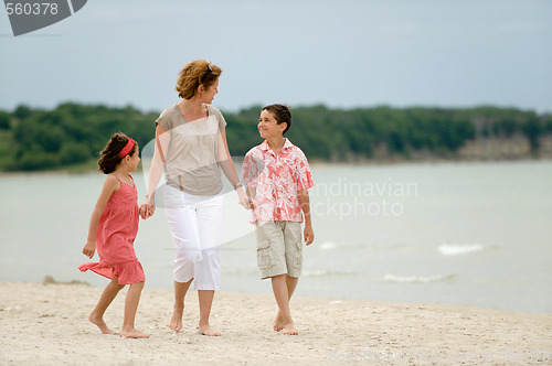 Image of Happy mother and kids on the beach