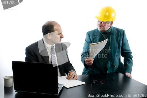 Image of two business men construction business office agreement 