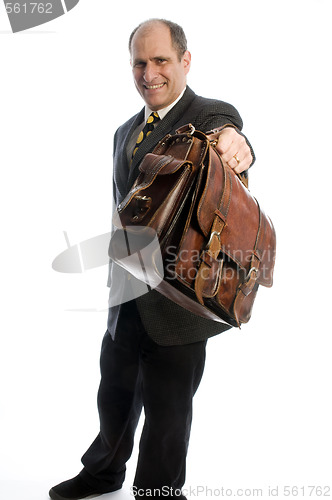 Image of business man offering expensive leather hand bag