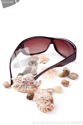 Image of sunglasses, shells and pebbles