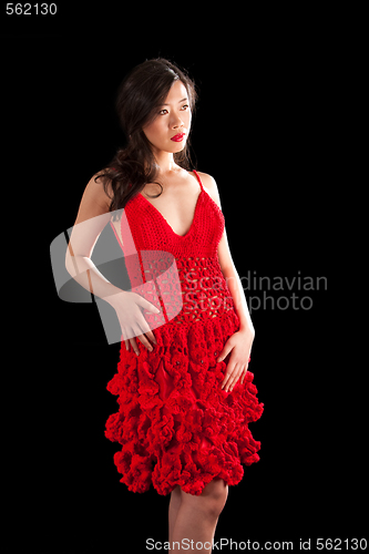 Image of Asian woman in red crochet dress