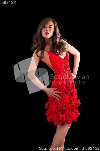 Image of Asian woman in red crochet dress