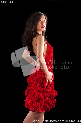 Image of Asian woman in red crochet dress