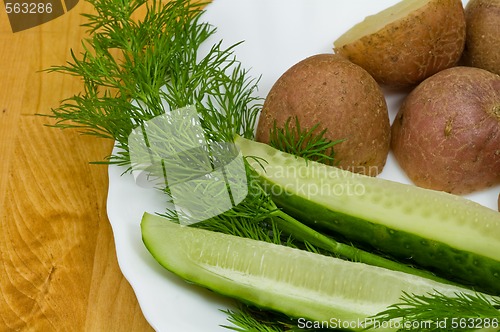 Image of Potatoes, salt cucumber and dill still-life
